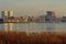 Antwerp skyline from across river Scheldt, in warm evening light