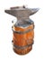 Anvil on a brown pedestal with a hammer isolated over white