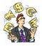 Anxious businessman juggling currency symbols