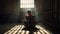 An anxious male prisoner sits on his knees in a cell, beamed with sunlight. through the barred window to him