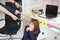 Anxious upset young Asian business woman with fingers pointing at her in workplace of office