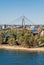 Anzac bridge and suspension tower behind Jones Bay in Sydney, Australia
