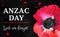 Anzac day landscape composition with title and big poppy flower. Hand drawn watercolor illlustration