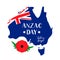 Anzac day lettering on map on Australia. Red poppy flower symbol of Remembrance day. Lest we forget. Vector template for greeting