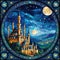 Aof ornate illustrations in the style of stained glass with night landscape with stars and