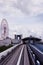 Aomi station. Scenery of a train traveling on the elevated rail of Yurikamome Line in Tokyo