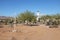 APACHE JUNCTION, ARIZONA - DECEMBER 8, 2016: Labyrinth at the Superstition Mountain Museum with the Elvis Memorial Chapel in the b