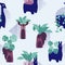 Apartament plants in animals pots with geometric elements, seamless pattern
