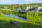 Apartment buildings standing on the banks of the Volga River in the city of Rzhev, Russia