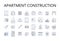 Apartment construction line icons collection. House building, Office renovation, Hotel expansion, Retail development