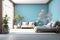 apartment home modern design sofa plant wall furniture blue interior room. Generative AI.