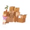 Apartment moving. Pile of stacked cardboard boxes. Kid carrying box cartoon vector illustration