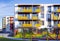 Apartment residential house facade architecture and children playgrounds