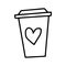 Aper Cup of coffee with a picture of a heart.Hand drawn line drawing.Black and white image.Doodles.Love, morning.Vector