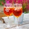 Aperol drinks on outdoor table in restaurant garden