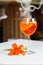 Aperol spritz cocktail in glass on table. italian alcoholic cocktail isolated on wooden background. orange cocktail. Bar