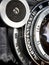 Aperture, shutter speed and focus ring on retro folding camera