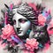 Aphrodite Bust with Cat, Bold Neon Floral Collage
