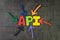 API, Application Programming Interface concept, multi color arrows pointing to the word API at the center of black cement