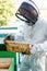 apiarist in beekeeping suit holding frame