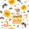 Apiary pattern. Honey bees and beekeepers in mask vector cartoon seamless background