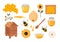 apiary. wax comb bee home flowers apiary tools and healthy eco products. Vector cartoon pictures set