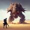 Apocalypse faces a giant mechanical beast in the desert,generative ai