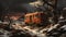 Apocalyptic Art: Old Red Bus In Snowy Landscape