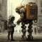 Apocalyptic city of the future. Robots in steam punk style in the dull grey street. Generative AI