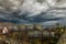 Apocalyptic cityscape with stormy skies and impending storm