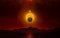 Apocalyptic dramatic image, doomsday event concept. Glowing full moon and planet Nibiru in dark red sky above black mountains and