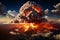 Apocalyptic nuclear explosion on planetary surface, massive mushroom cloud, fiery light, shockwaves