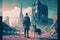 Apocalyptic ruined cityscape scenery with a man and a dog standing, digital art style, cartoonish style