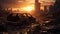 Apocalyptic Sunset Over Destroyed City with Car Wreck. Generative ai