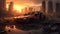 Apocalyptic Sunset Over Destroyed City with Car Wreck. Generative ai
