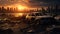 Apocalyptic Sunset Over Destroyed City with Car Wreck. Generative ai