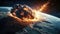 Apocalyptic vision of a massive asteroid ablaze with fiery trails, hurtling close to Earth\\\'s atmosphere