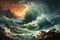 Apocalyptic Vision of Ocean Fury with Shipwreck Amidst Towering Waves. Fiery Sunset. AI Generated