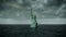 Apocalyptic water view. Old Statue of liberty in Storm. 3d animation