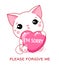 Apologize card. Sad little kitten with pink heart. Inscription I`m sorry, please forgive me