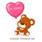 Apologize card. Sadness kawaii little bear with red heart shaped balloon