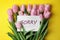 Apology. Card with word Sorry and beautiful pink tulips on yellow background