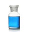 Apothecary bottle with blue liquid on background. Laboratory glassware