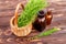 Apothecary mortar with dry medicinal herbs horse tail. Equisetum, horsetail, snake grass, oil for cosmetology. puzzlegrass,