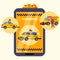 App city car mobile taxi service, vector illustration. Driver near cab in application, online order auto at passenger