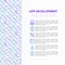 App development concept with thin line icons: writing code, multitasking, smart watch app, engineering, updates, cloud database,