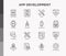 App development thin line icons set: writing code, multitasking, smart watch app, engineering, updates, cloud database, testing,