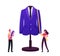 Apparel or Fashion Designer Characters Projecting Garment on Huge Mannequin. Tiny Tailor Masters Sewing Clothes