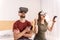 Appealing funny couple challenging in VR headsets