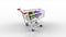 Appears animated realistic shopping cart with colored gift boxes at white background. 4K animation with alpha channel.